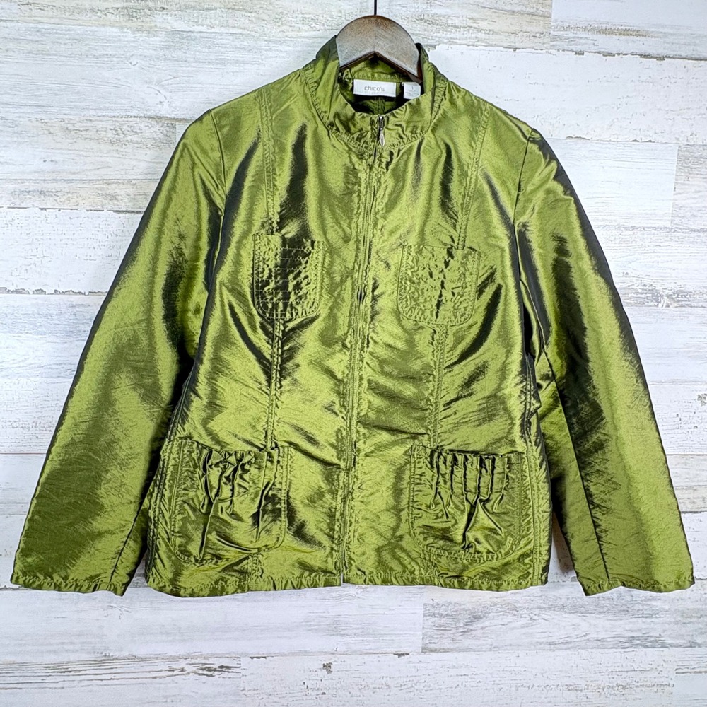 Chico's Chartreuse Green Lightweight Jacket Top Pockets Full Zip Coat Sz 1/US 8‎